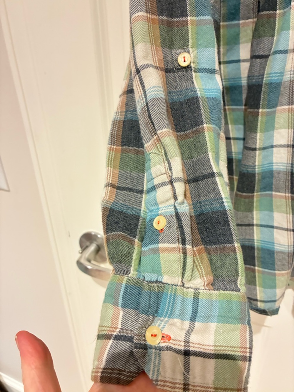 Johnny Was Flannel Plaid Button-Up in Teal, Green, Cream, Gray - Picture 3 of 6